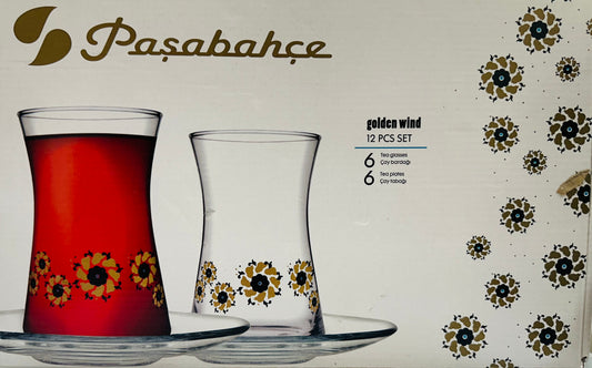 Pasabache Golden wind Tea Glass & Tea plates 12 piece set "made in turkey"
