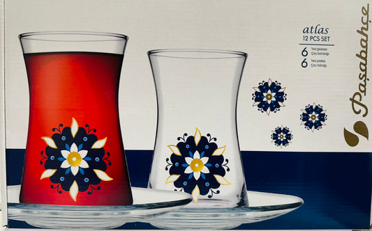 pasabache Atlas Tea Glass & Tea plates 12 piece set "Made in Turkey"