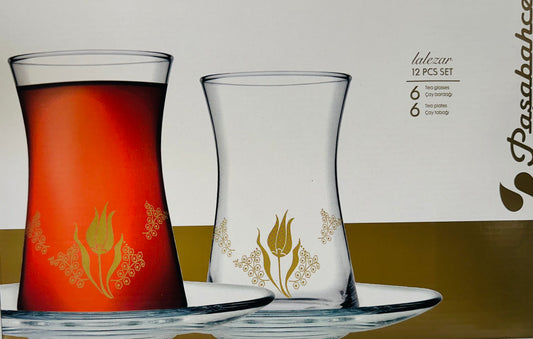 pasabache Lalezar Tea Glass & Tea plates 12 piece set "Made in Turkey"