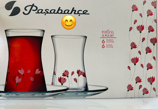 pasabache Melina Tea Glass & Tea plates 12 piece set "Made in Turkey"